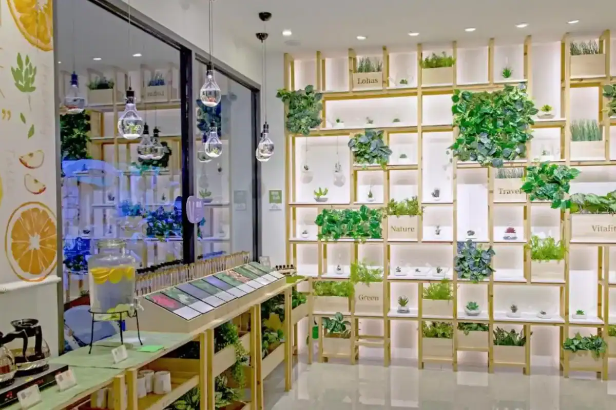 綠宿行旅公共空間以大量綠意植栽與木質展示架打造，結合自然採光與清新設計風格，呈現城市中少見的療癒氛圍，是風格鮮明的台中飯店推薦之一。