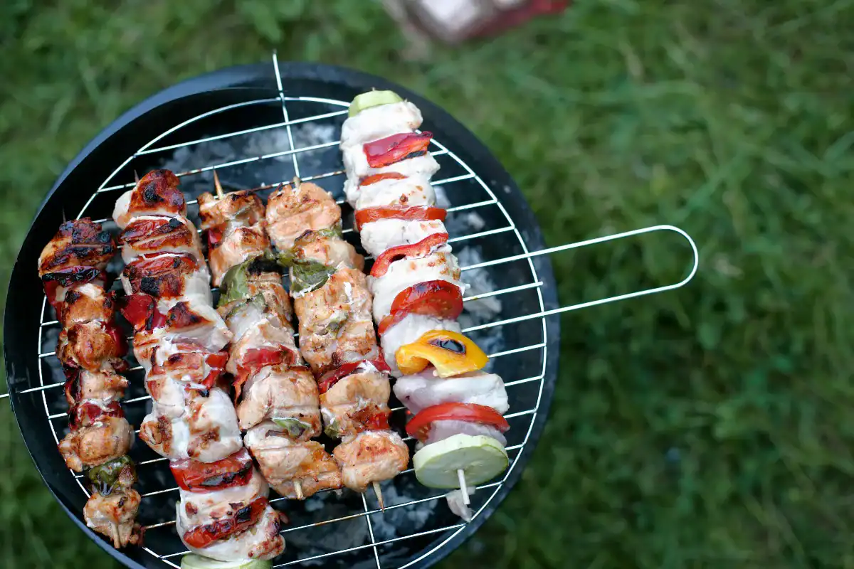 草地上圓形烤網擺滿蔬菜與肉串，台中烤肉地點一家四口的實際份量與花費